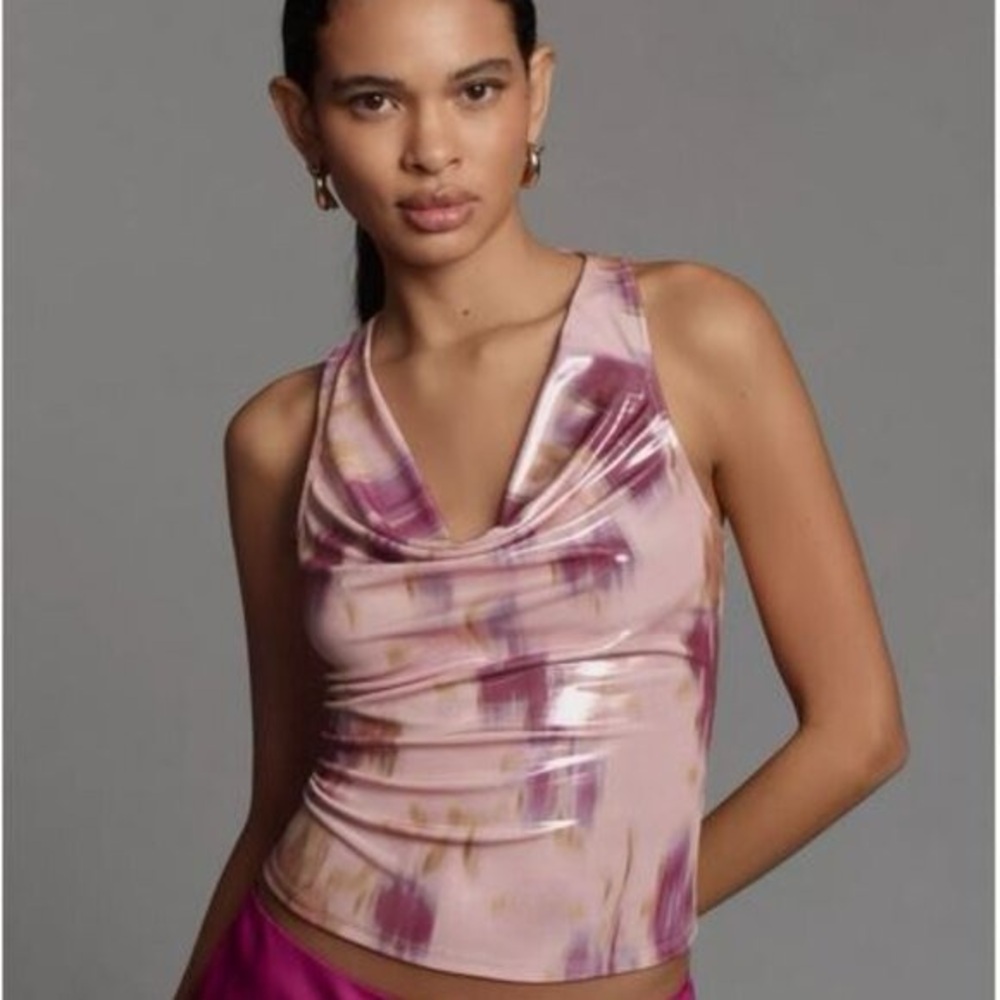 BY ANTHROPOLOGIE LIQUID SHINE COWL NECK PINK TANK TOP